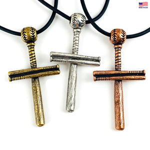 Baseball Bat And Ball Cross On Black Rubber Cord Necklace Antique Copper Finish - Forgiven Jewelry