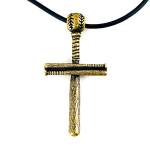 Baseball Bat And Ball Cross On Black Rubber Cord Necklace Antique Brass Finish - Forgiven Jewelry