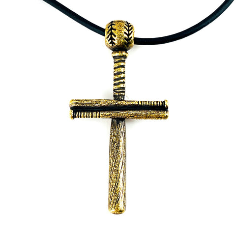 Baseball Bat And Ball Cross On Black Rubber Cord Necklace Antique Brass Finish - Forgiven Jewelry