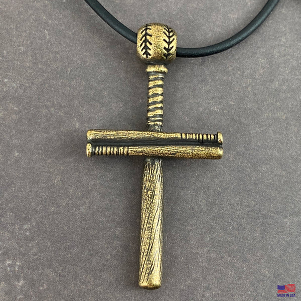 Baseball Bat And Ball Cross On Black Rubber Cord Necklace Antique Brass Finish - Forgiven Jewelry