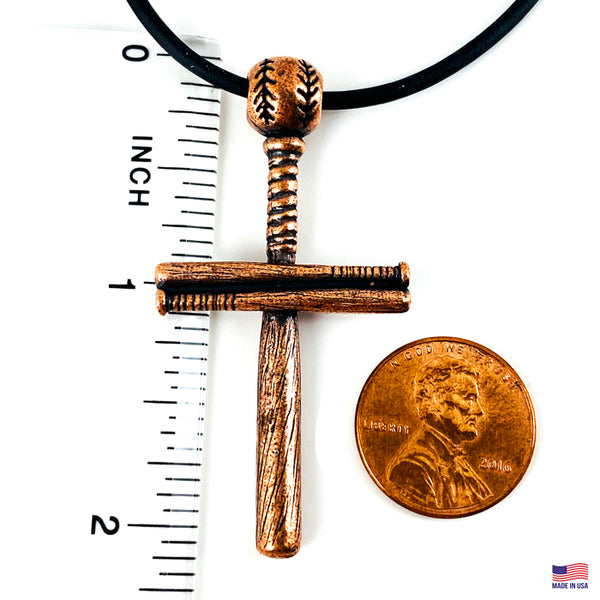 Baseball Bat And Ball Cross On Black Rubber Cord Necklace Antique Copper Finish - Forgiven Jewelry
