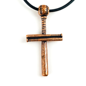 Baseball Bat And Ball Cross On Black Rubber Cord Necklace Antique Copper Finish - Forgiven Jewelry