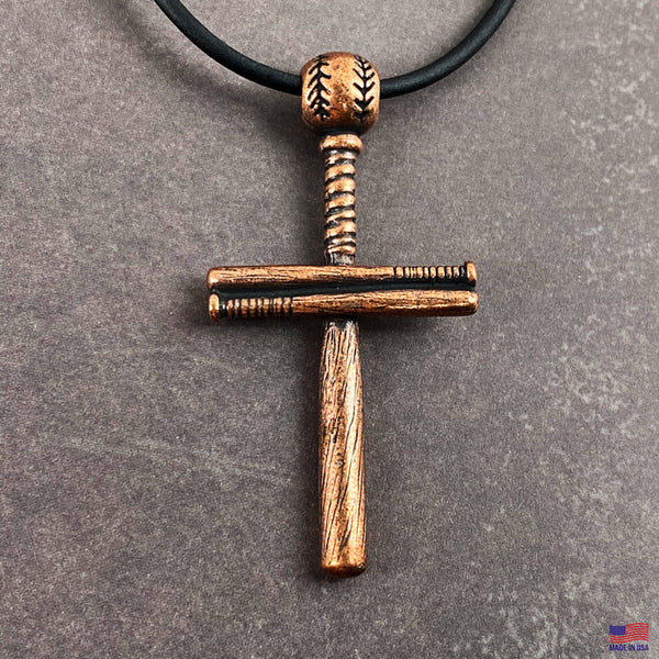 Baseball Bat And Ball Cross On Black Rubber Cord Necklace Antique Copper Finish - Forgiven Jewelry