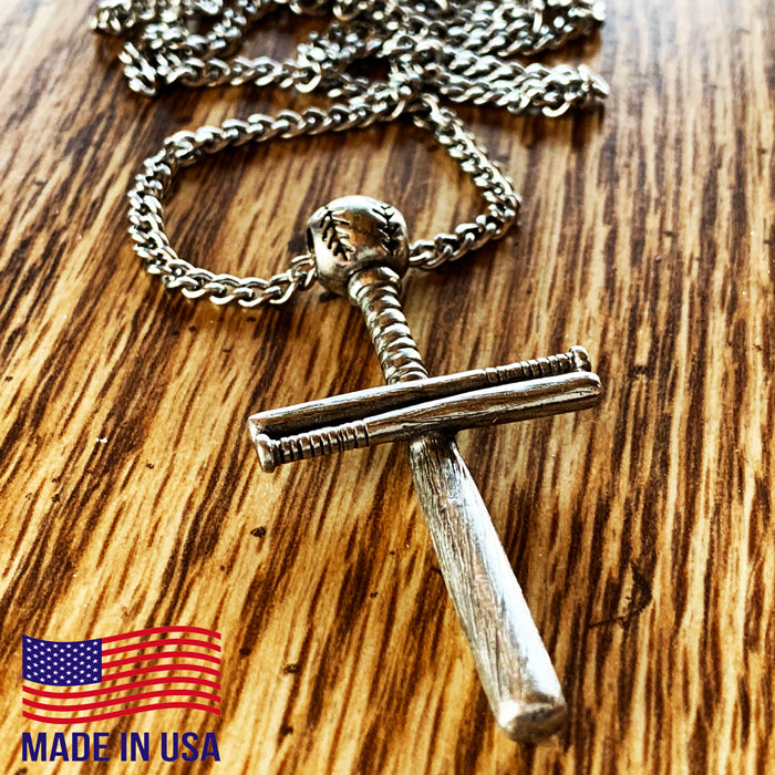 Baseball Bat And Ball Cross On Curb Chain Necklace Antique Pewter - Forgiven Jewelry