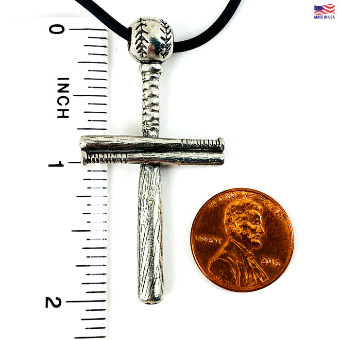 Baseball Bat And Ball Cross On Black Rubber Cord Necklace Antique Pewter - Forgiven Jewelry