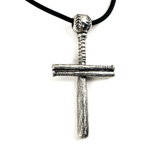 Baseball Bat And Ball Cross On Black Rubber Cord Necklace Antique Pewter - Forgiven Jewelry