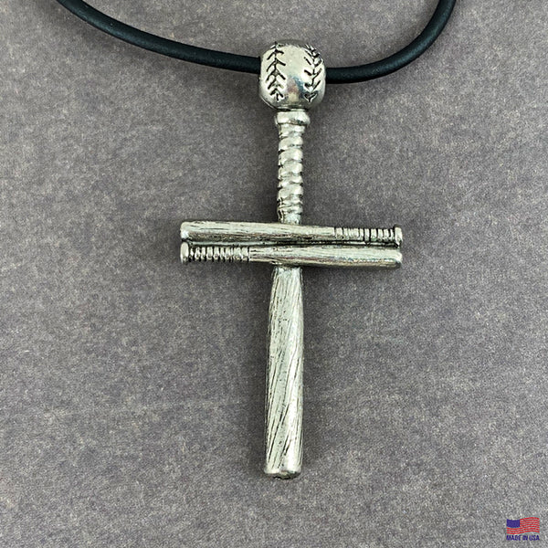Baseball Bat And Ball Cross On Black Rubber Cord Necklace Antique Pewter - Forgiven Jewelry