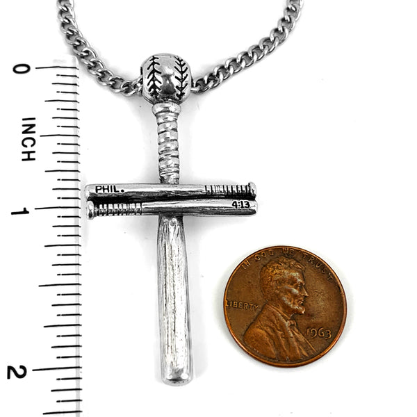 Baseball Bat And Ball Cross On Curb Chain Necklace Antique Pewter - Forgiven Jewelry