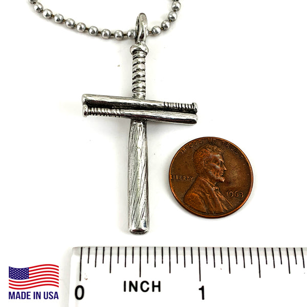 Baseball Bat Cross On Ball Chain Necklace Antique Pewter Softball - Forgiven Jewelry
