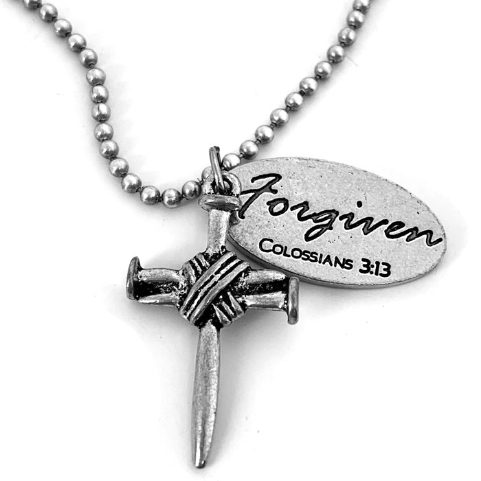 Nail Cross With Oval Forgiven Tag Necklace Antique Silver Finish On Ball Chain - Forgiven Jewelry