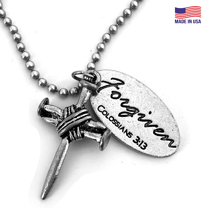 Nail Cross With Oval Forgiven Tag Necklace Antique Silver Finish On Ball Chain - Forgiven Jewelry