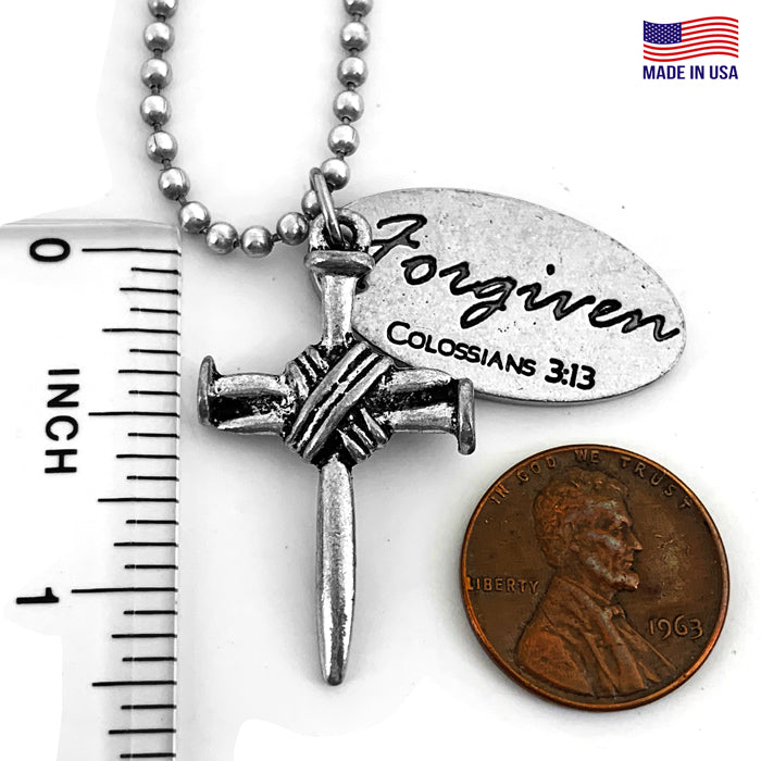 Nail Cross With Oval Forgiven Tag Necklace Antique Silver Finish On Ball Chain - Forgiven Jewelry