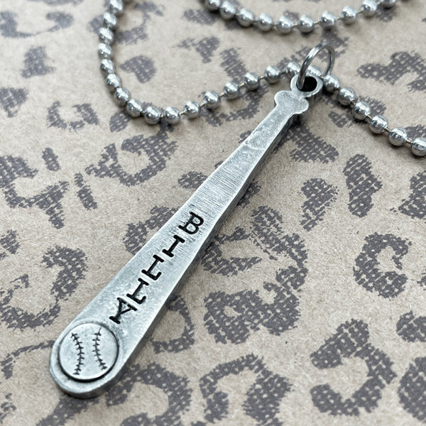 Baseball Softball Customize Name Bat Necklace Antique Silver - Forgiven Jewelry