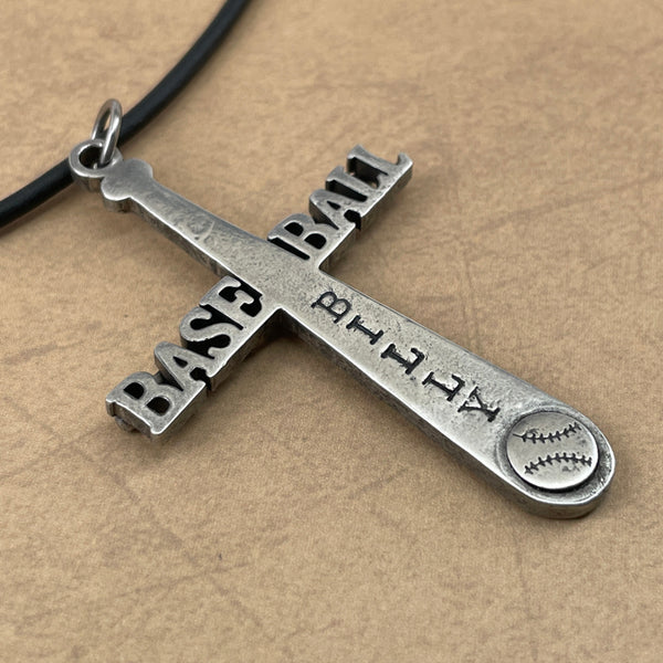 Baseball Customize Name Cross Bat Necklace Black Rubber - Forgiven Jewelry