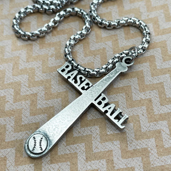 Baseball Antique Silver Cross Bat Necklace Heavy Chain - Forgiven Jewelry