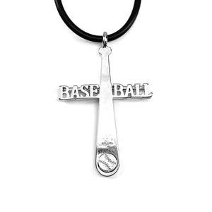 Baseball Rhodium Cross Bat Necklace Black Rubber - Forgiven Jewelry