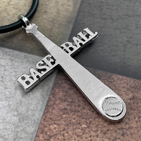 Baseball Rhodium Cross Bat Necklace Black Rubber - Forgiven Jewelry