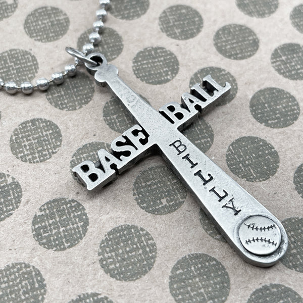 Baseball Customize Name Cross Bat Necklace Ball Chain - Forgiven Jewelry
