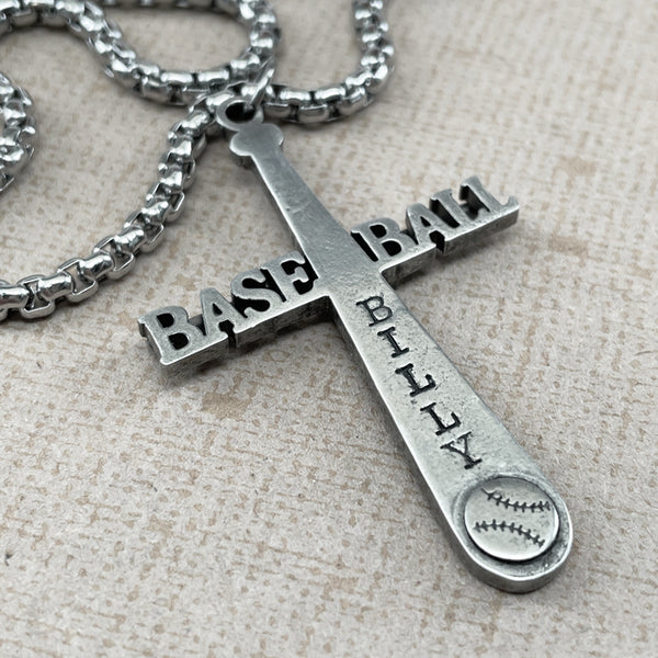 Baseball Customize Name Cross Bat Necklace Heavy Chain - Forgiven Jewelry