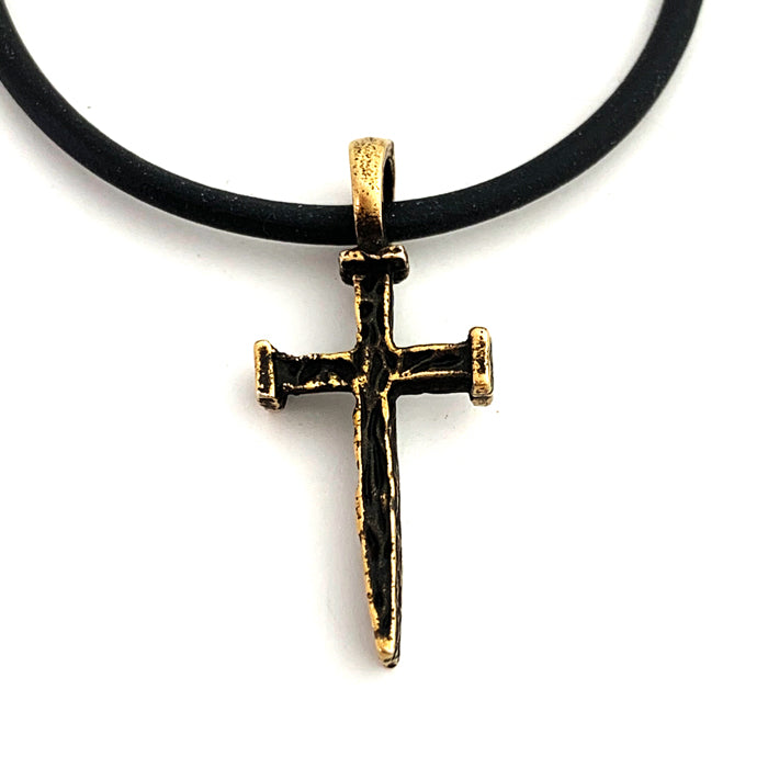 Nail Cross Antique Brass Necklace On Black Rubber - Forgiven Jewelry