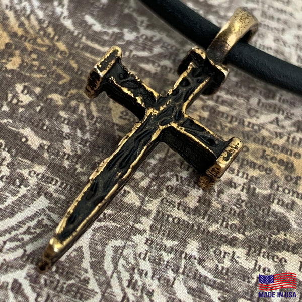 Nail Cross Antique Brass Necklace On Black Rubber - Forgiven Jewelry