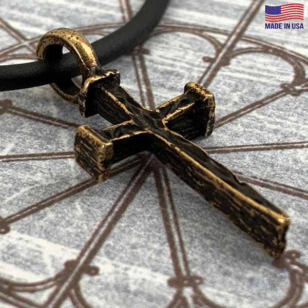 Nail Cross Antique Brass Necklace On Black Rubber - Forgiven Jewelry