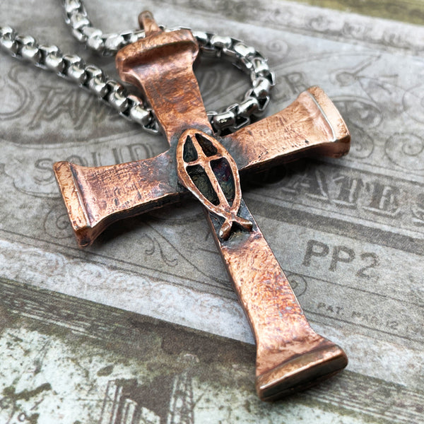 Horse Nails Cross Fish Antique Copper Finish Heavy Chain Necklace - Forgiven Jewelry