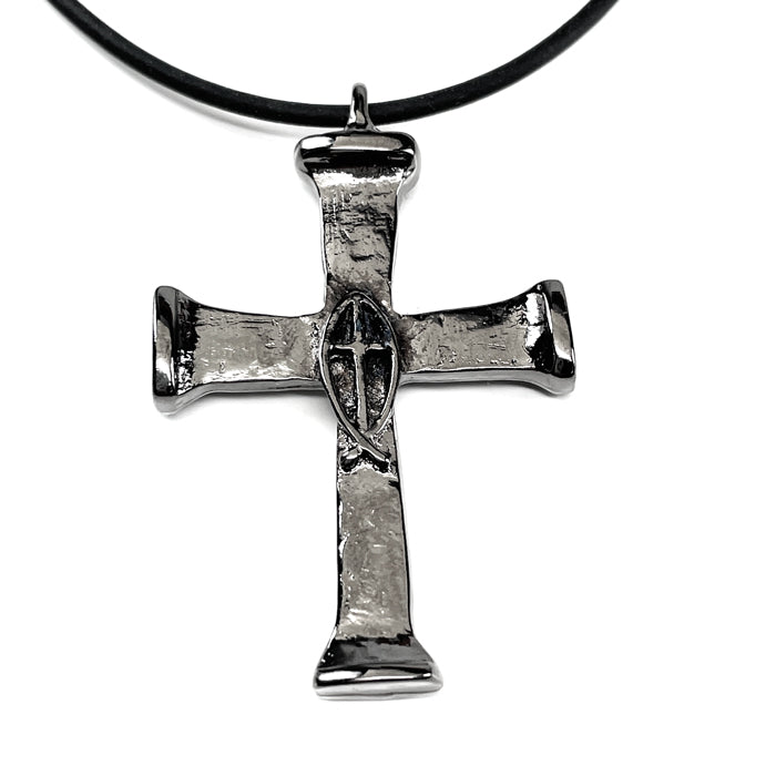 Horse Nails Cross Fish Dark Gunmetal Finish Necklace - Forgiven Jewelry