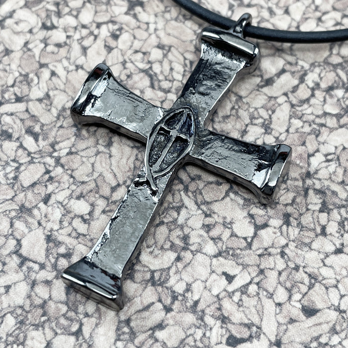 Horse Nails Cross Fish Dark Gunmetal Finish Necklace - Forgiven Jewelry