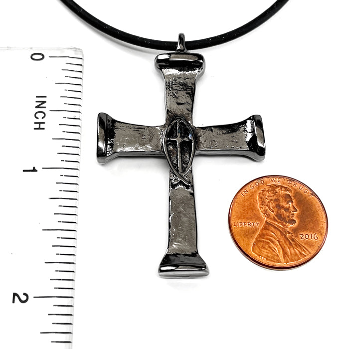 Horse Nails Cross Fish Dark Gunmetal Finish Necklace - Forgiven Jewelry