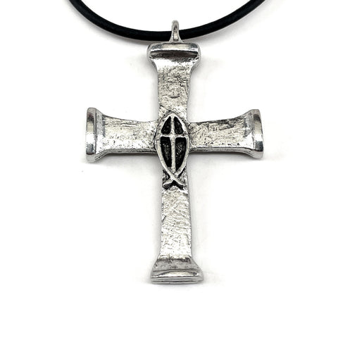 Horse Nails Cross Fish Antique Silver Finish Necklace - Forgiven Jewelry