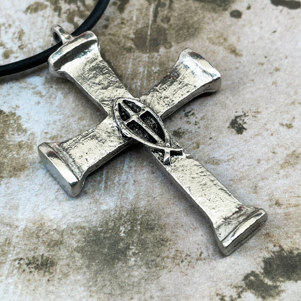 Horse Nails Cross Fish Antique Silver Finish Necklace - Forgiven Jewelry