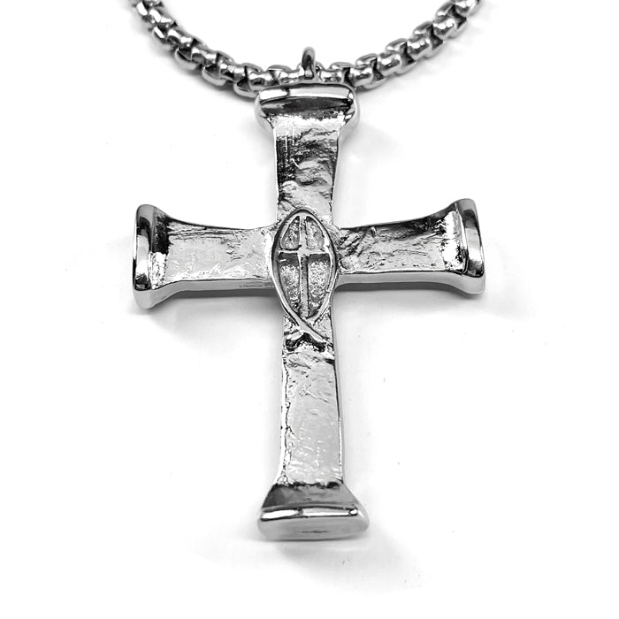 Horse Nails Cross Fish Rhodium Finish Heavy Chain Necklace - Forgiven Jewelry