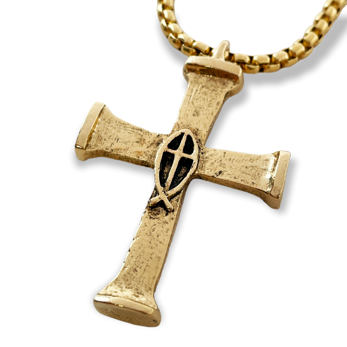 Horse Nails Cross Fish Gold Metal Finish Pendant Gold Finish Heavy Chain Necklace