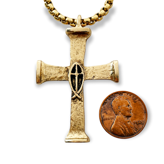 Horse Nails Cross Fish Gold Metal Finish Pendant Gold Finish Heavy Chain Necklace