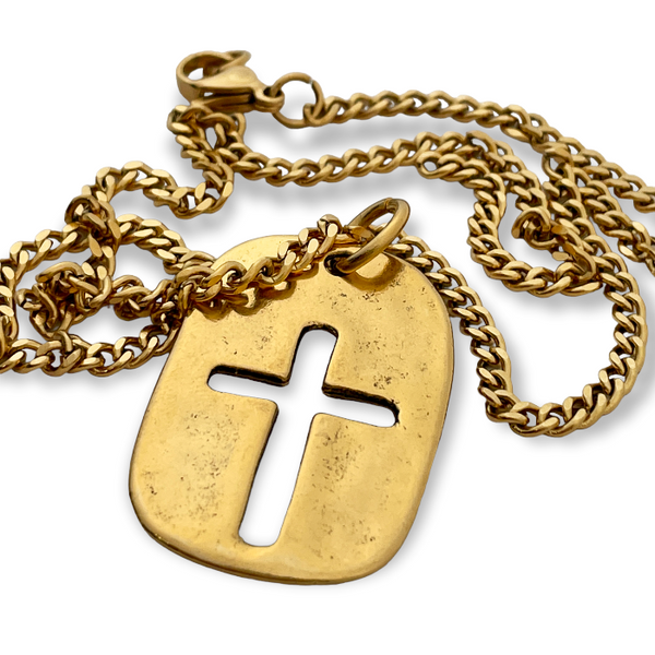 Cross Tag Gold Finish Pendant Gold Chain Necklace