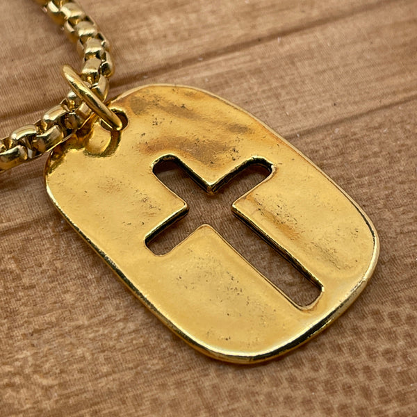 Cross Tag Gold Finish Pendant Gold Heavy Chain Necklace