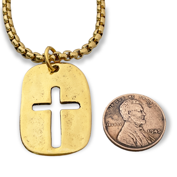 Cross Tag Gold Finish Pendant Gold Heavy Chain Necklace