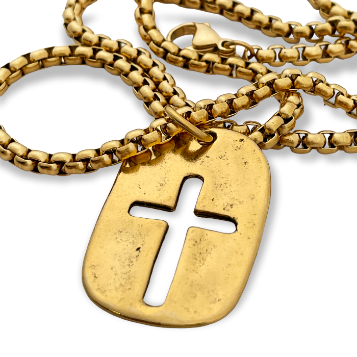 Cross Tag Gold Finish Pendant Gold Heavy Chain Necklace