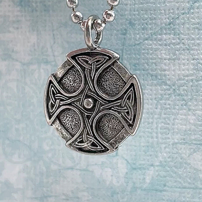 Celtic Cross Trinity Silver Shield Pendant Ball Chain Necklace