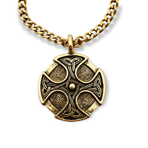 Celtic Cross Trinity Shield Gold Finish Pendant Gold Stainless Steel Chain Necklace