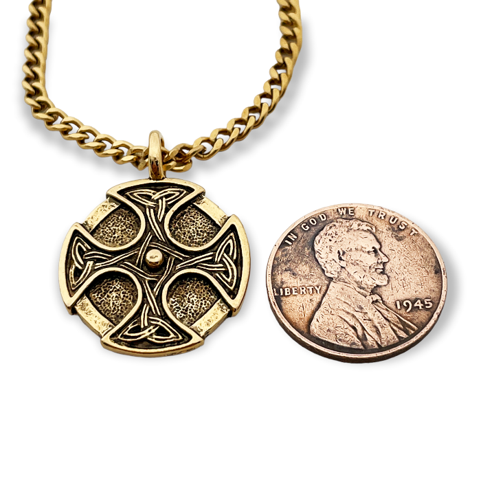 Celtic Cross Trinity Shield Gold Finish Pendant Gold Stainless Steel Chain Necklace