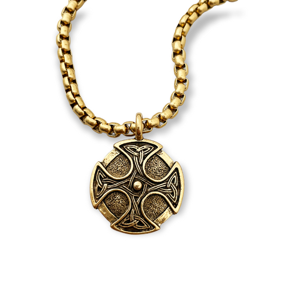 Celtic Cross Trinity Shield Gold Finish Pendant Gold Stainless Steel Heavy Chain Necklace
