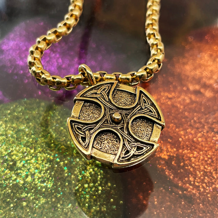 Celtic Cross Trinity Shield Gold Finish Pendant Gold Stainless Steel Heavy Chain Necklace