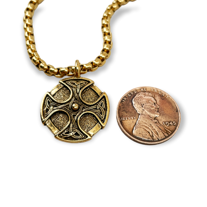 Celtic Cross Trinity Shield Gold Finish Pendant Gold Stainless Steel Heavy Chain Necklace