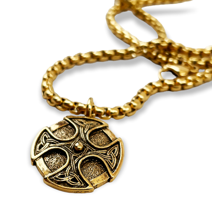 Celtic Cross Trinity Shield Gold Finish Pendant Gold Stainless Steel Heavy Chain Necklace