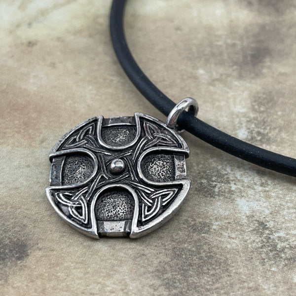 Celtic Cross Trinity Shield Pendant Black Rubber Necklace - Forgiven Jewelry