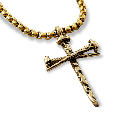 Cross Nail Gold Finish Pendant Gold Heavy Chain Necklace
