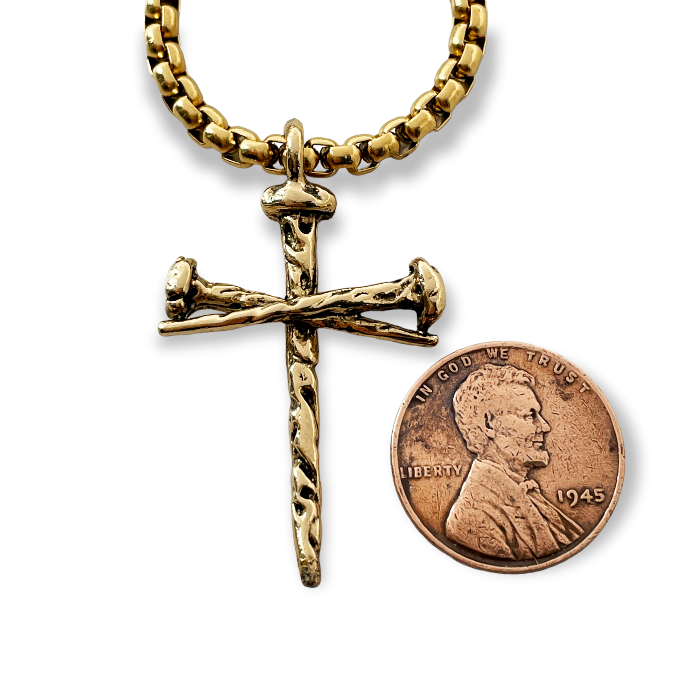 Cross Nail Gold Finish Pendant Gold Heavy Chain Necklace