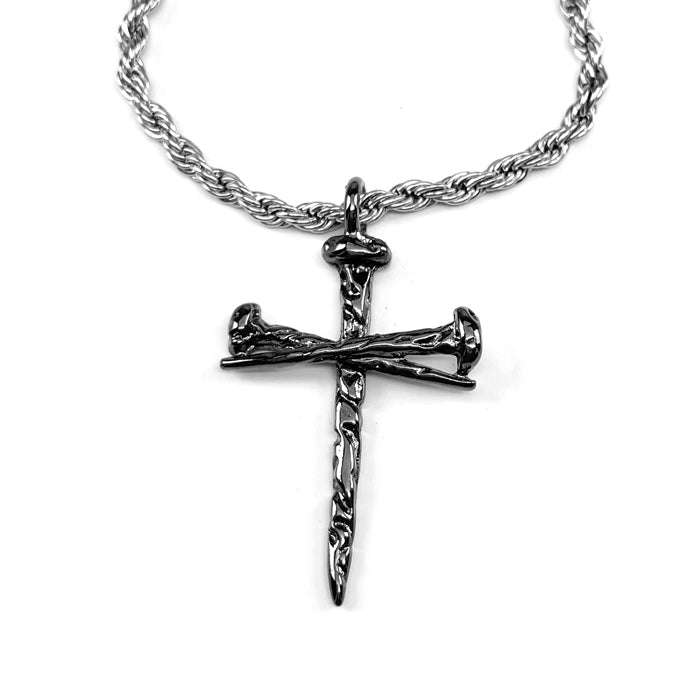 Nail Cross Gunmetal Finish Pendant Necklace Silver Rope Chain - Forgiven Jewelry